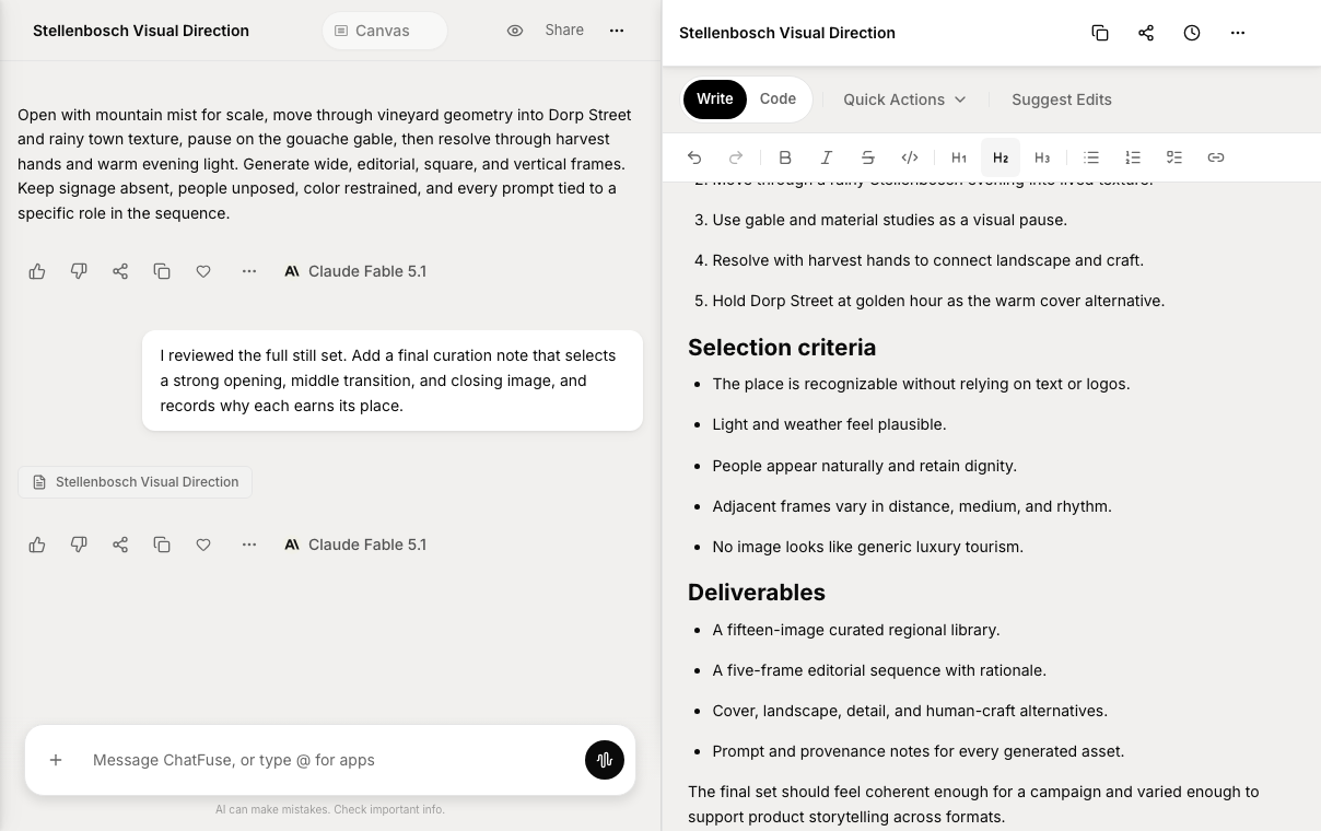 ChatFuse Canvas with a populated document beside its conversation