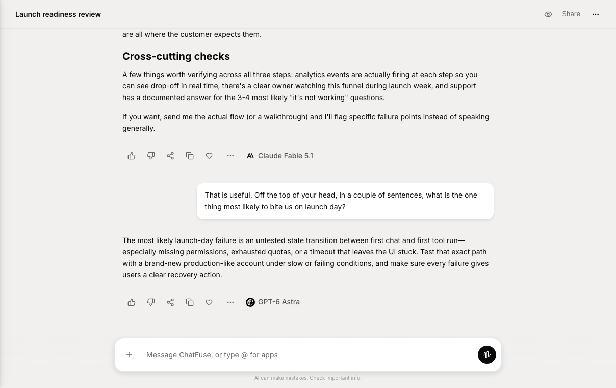 ChatFuse Chat showing a real conversation about Aurora Bakery's brand voice and production schedule