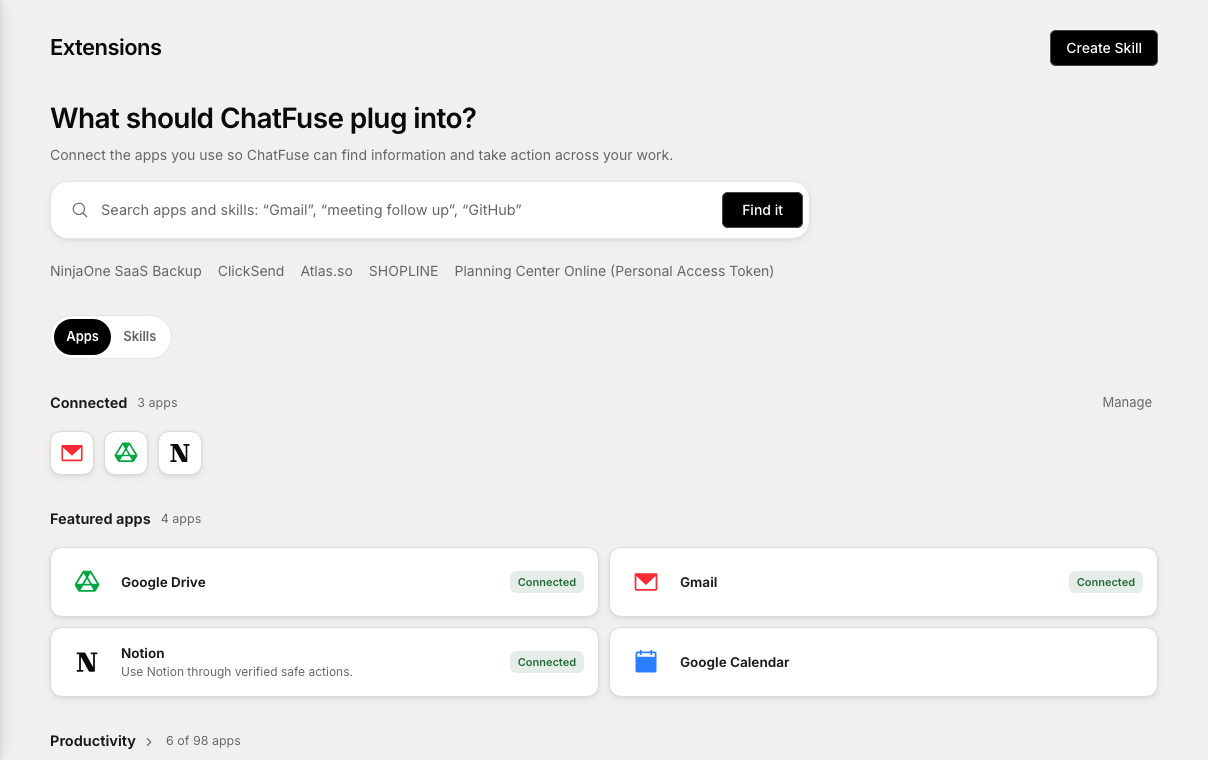 ChatFuse Extensions showing connected Google Drive, Gmail, and Notion apps with the live app catalog
