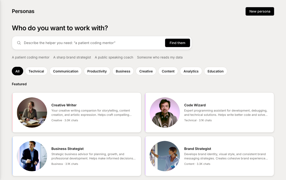 ChatFuse Personas directory with populated specialist profiles